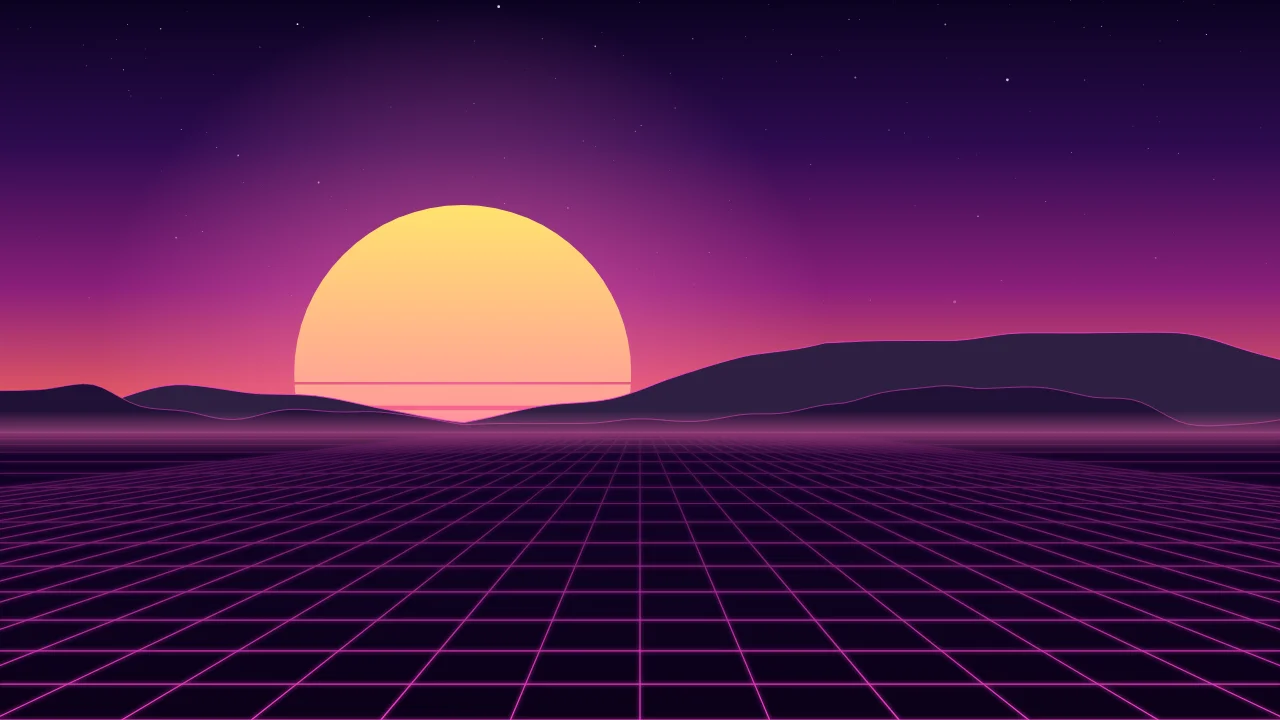 Fond d'écran synthwave, soleil rétro et grille néon